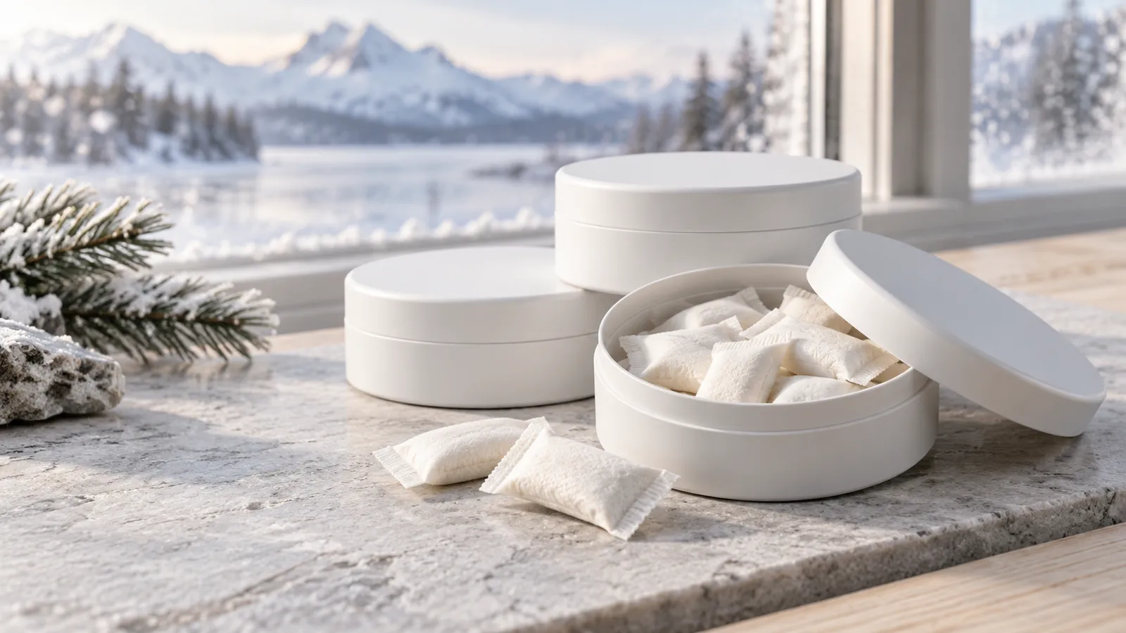 Plain white pouch tins and loose white pouches on pale stone beside a frosted winter window